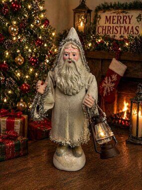 Vintage Style Lantern Santa Figure Fabric Coat Mica Trim Rustic 14"